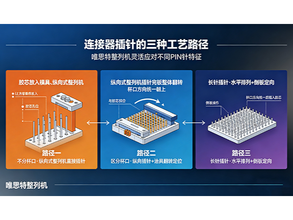 连接器插针的三种工艺路径：从“不分杯口”到“长针定向”，唯思特整列机如何灵活应对？